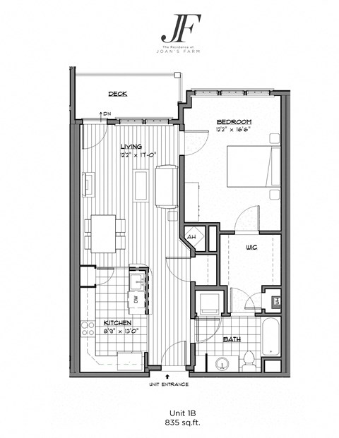 Floor plan for 1 bed, 1 bath, 835 sqft